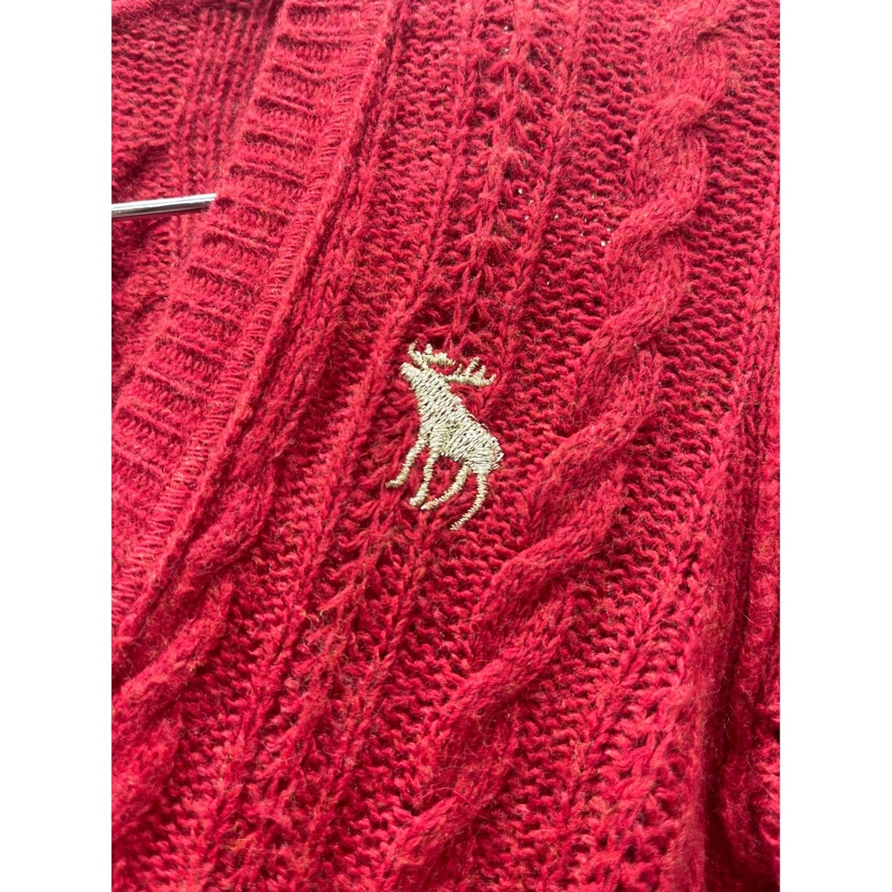 Abercrombie & Fitch Red Cable Knit V-Neck Sweater Women M Moose Logo Y2K Vintage - Picture 3 of 5